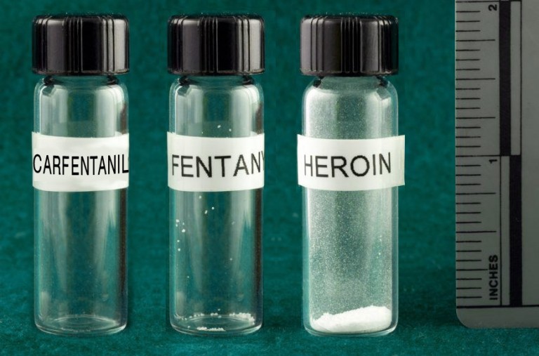 Drei beschriftete Fläschchen neben einem Lineal mit tödlichen Dosen Carfentanil, Fentanyl und Heroin, die ersten beiden kaum sichtbar