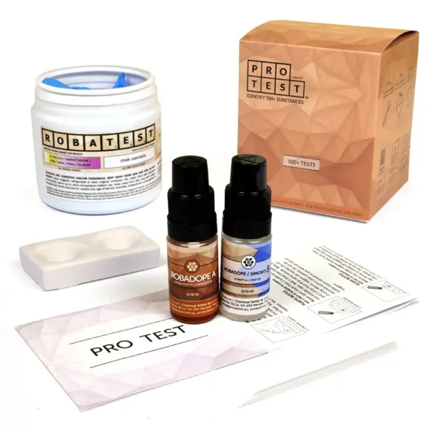 Robadope reagent test kit includes the reagent, a spatula, a reaction plate, instructions and reaction color chart