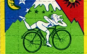 LSD-Blotter-Motiv mit Albert Hofmanns Fahrradfahrt von 1943