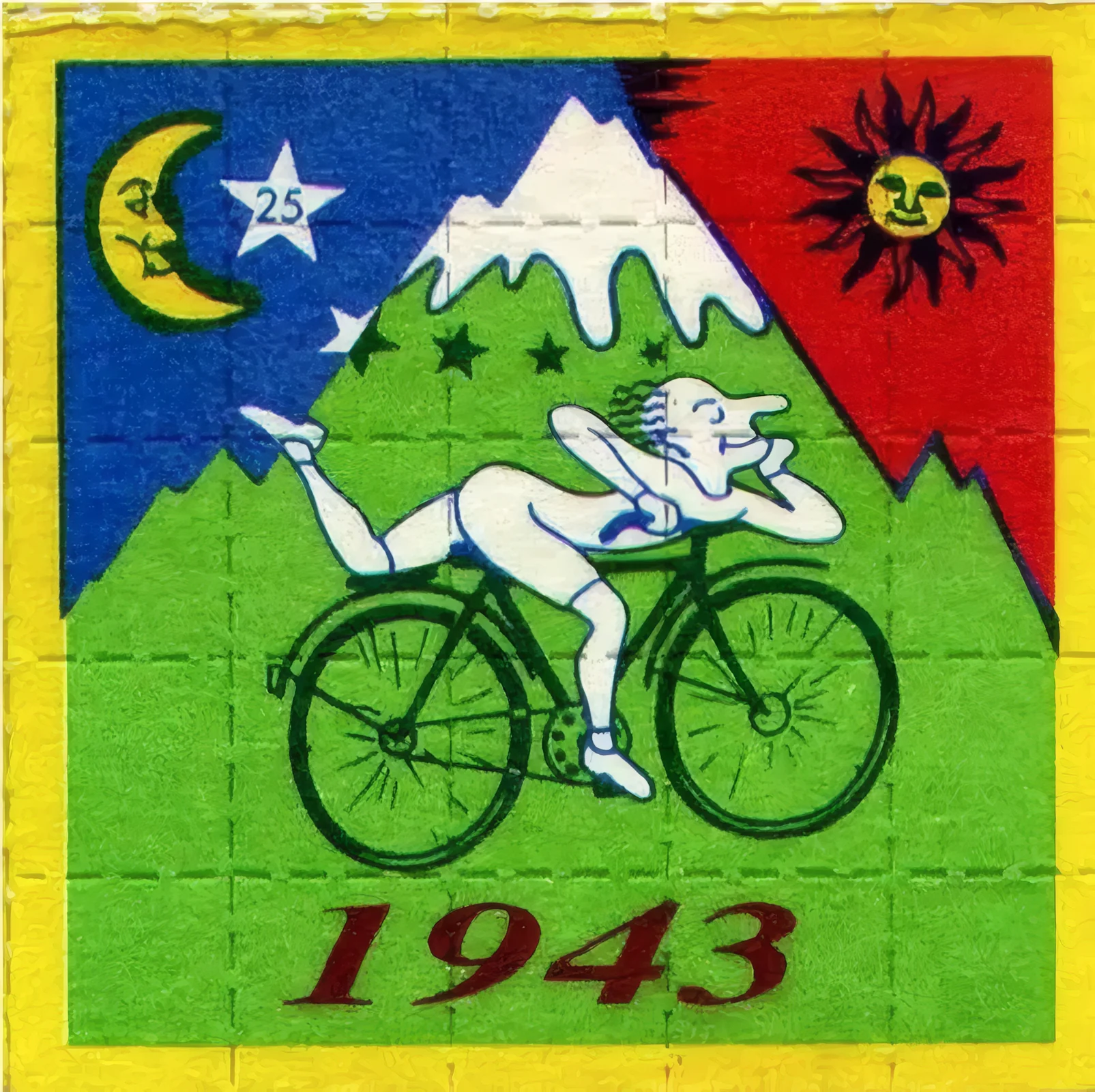 LSD-Blotter-Motiv mit Albert Hofmanns Fahrradfahrt von 1943